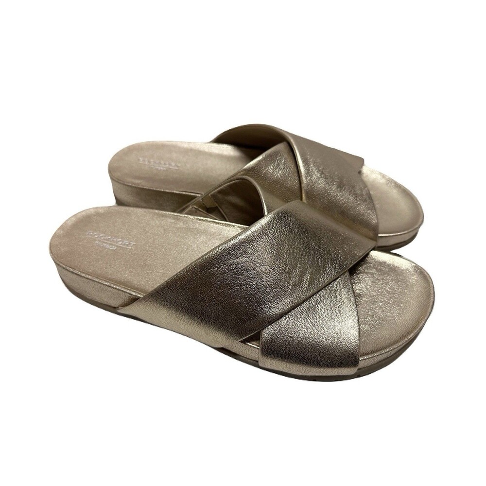 NEW Rockport Womens Size 10 Gold Leather Leia Crisscross Flat Footbed Sandals - Picture 2 of 9